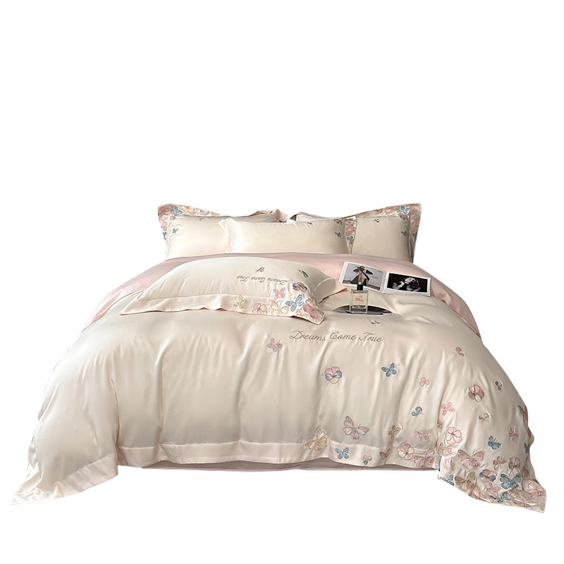 Tencel Embroidered Floral Bedding Set with Duvet Cover and Pillowcase