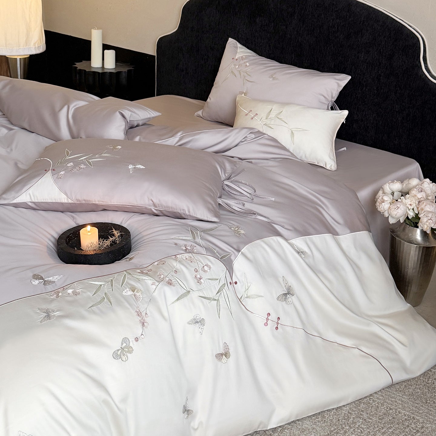 Floral Embroidery Cotton Bed Linen Set with Duvet Cover and Pillowcases