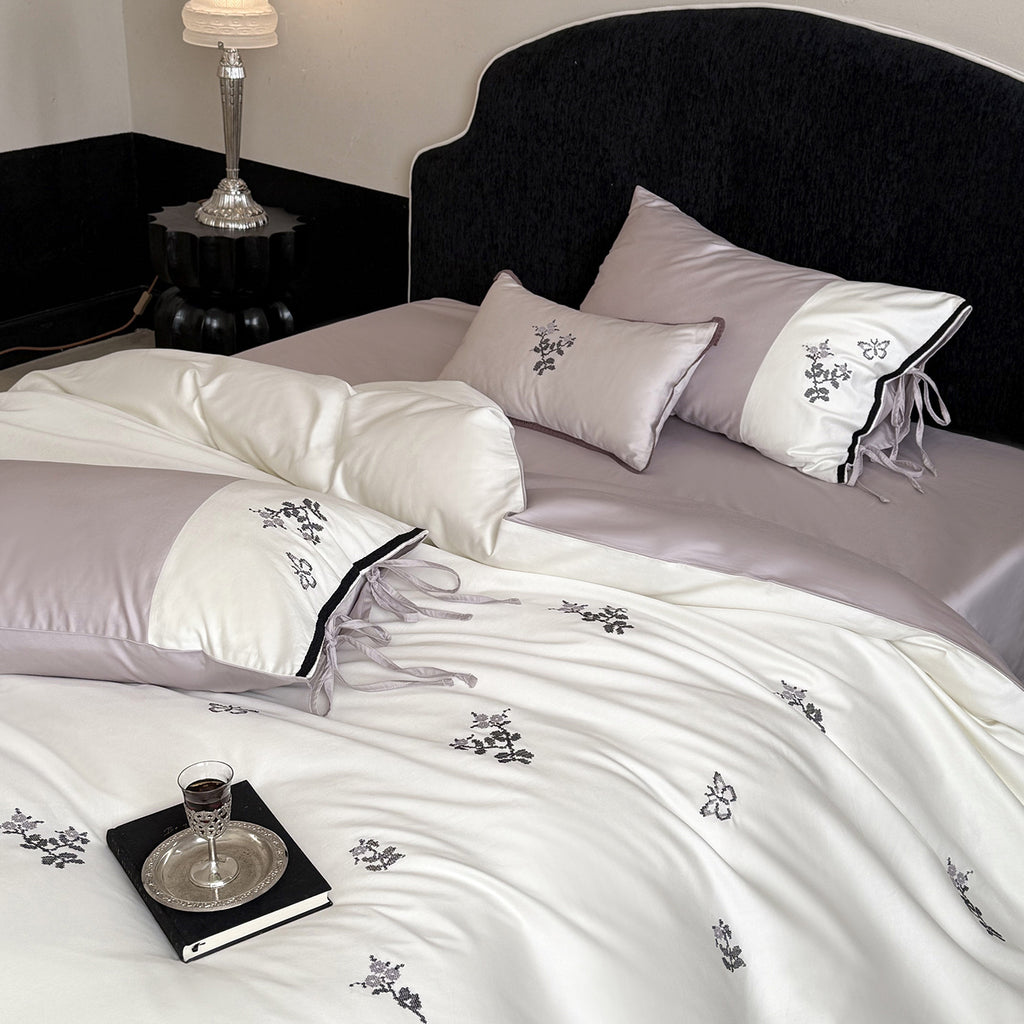Floral Embroidery Cotton Bed Linen Set with Duvet Cover and Pillowcases