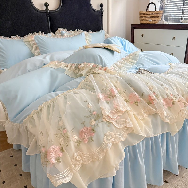 Washed Cotton Ruffle Bedding Set with Duvet Cover Sheet and Pillowcases