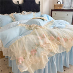Washed Cotton Ruffle Bedding Set with Duvet Cover Sheet and Pillowcases