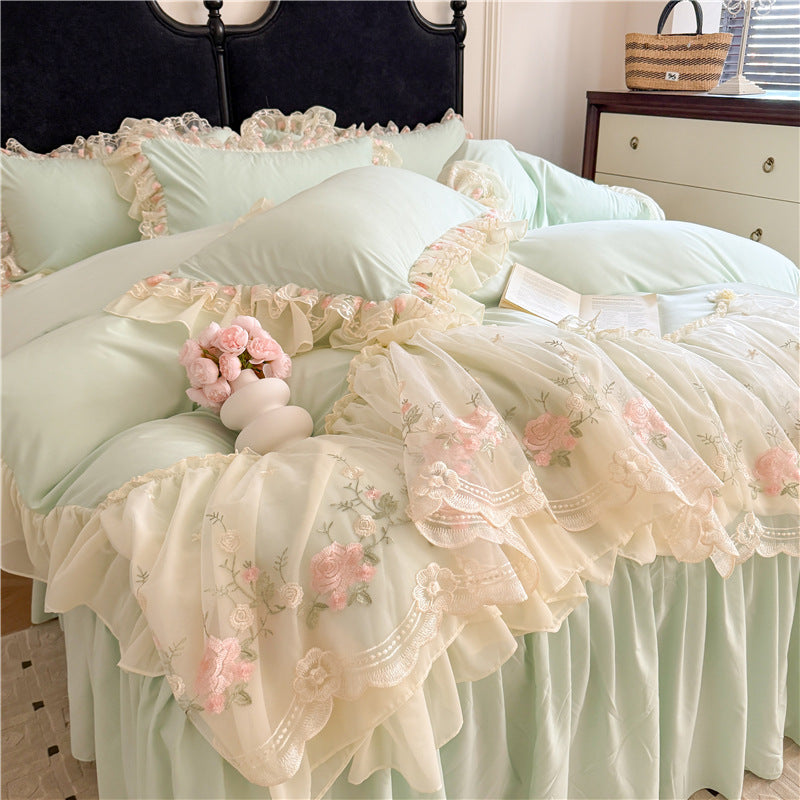 Washed Cotton Ruffle Bedding Set with Duvet Cover Sheet and Pillowcases