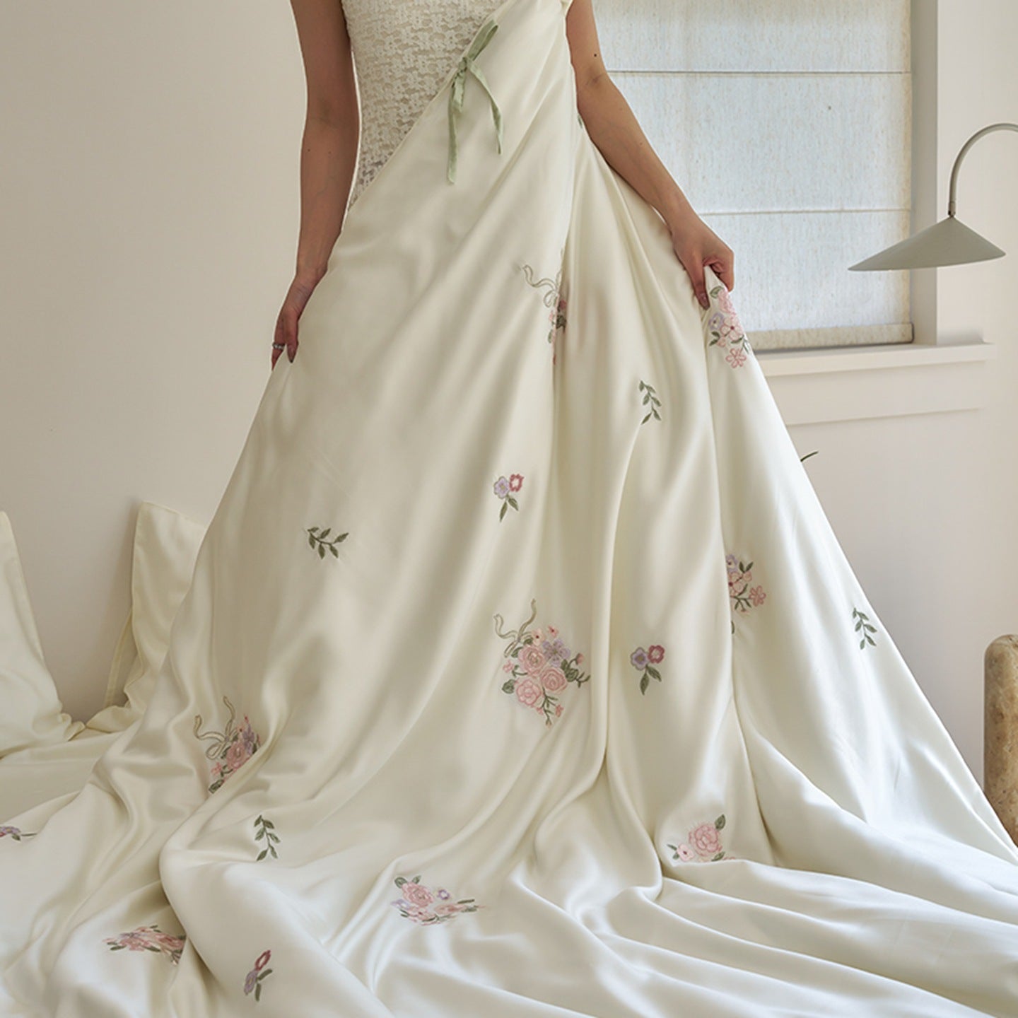 Tencel Botanical Embroidery Bedding Set with Duvet Cover Sheet and Pillowcases