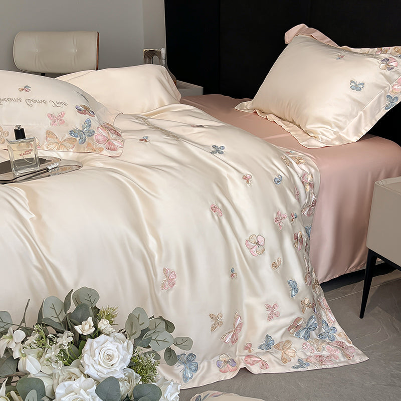 Tencel Embroidered Floral Bedding Set with Duvet Cover and Pillowcase