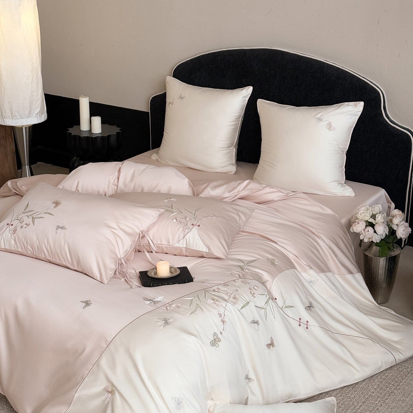 Floral Embroidery Cotton Bed Linen Set with Duvet Cover and Pillowcases