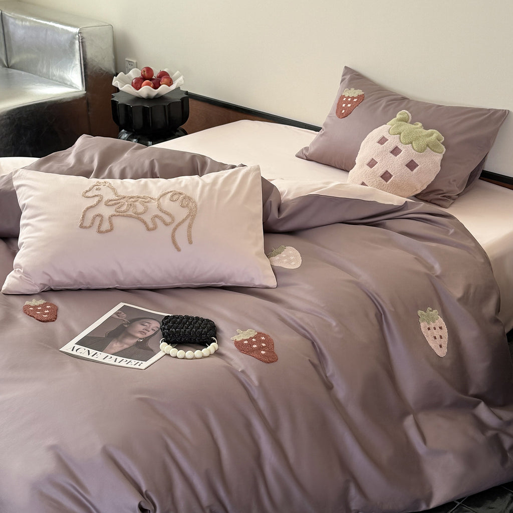 Floral Embroidery Cotton Bed Linen Set with Duvet Cover and Pillowcases