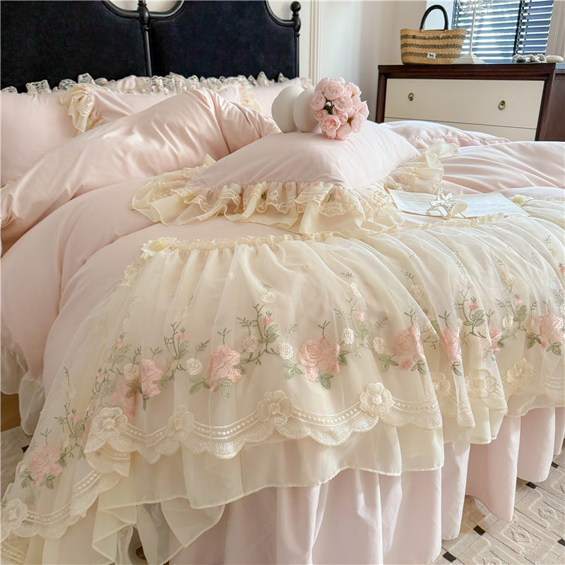 Washed Cotton Ruffle Bedding Set with Duvet Cover Sheet and Pillowcases