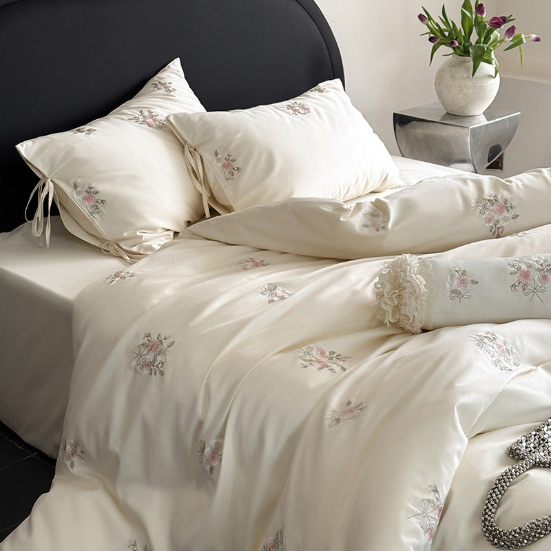Floral Embroidery Cotton Bed Linen Set with Duvet Cover and Pillowcases