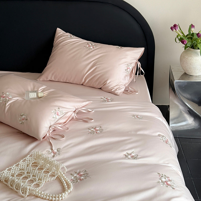 Floral Embroidery Cotton Bed Linen Set with Duvet Cover and Pillowcases