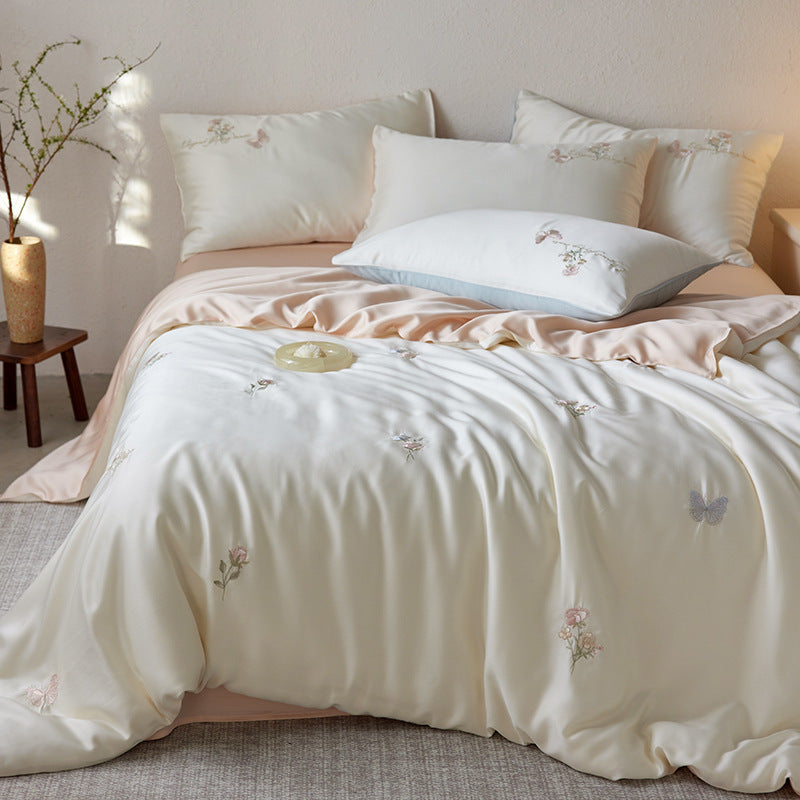 Tencel Botanical Embroidery Bedding Set with Duvet Cover Sheet and Pillowcases