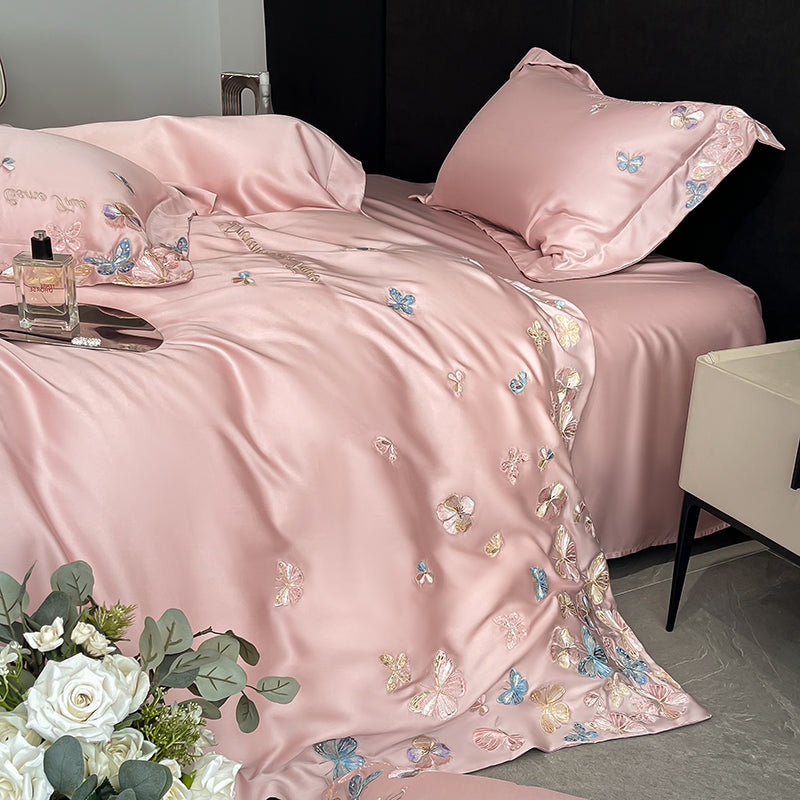 Tencel Embroidered Floral Bedding Set with Duvet Cover and Pillowcase