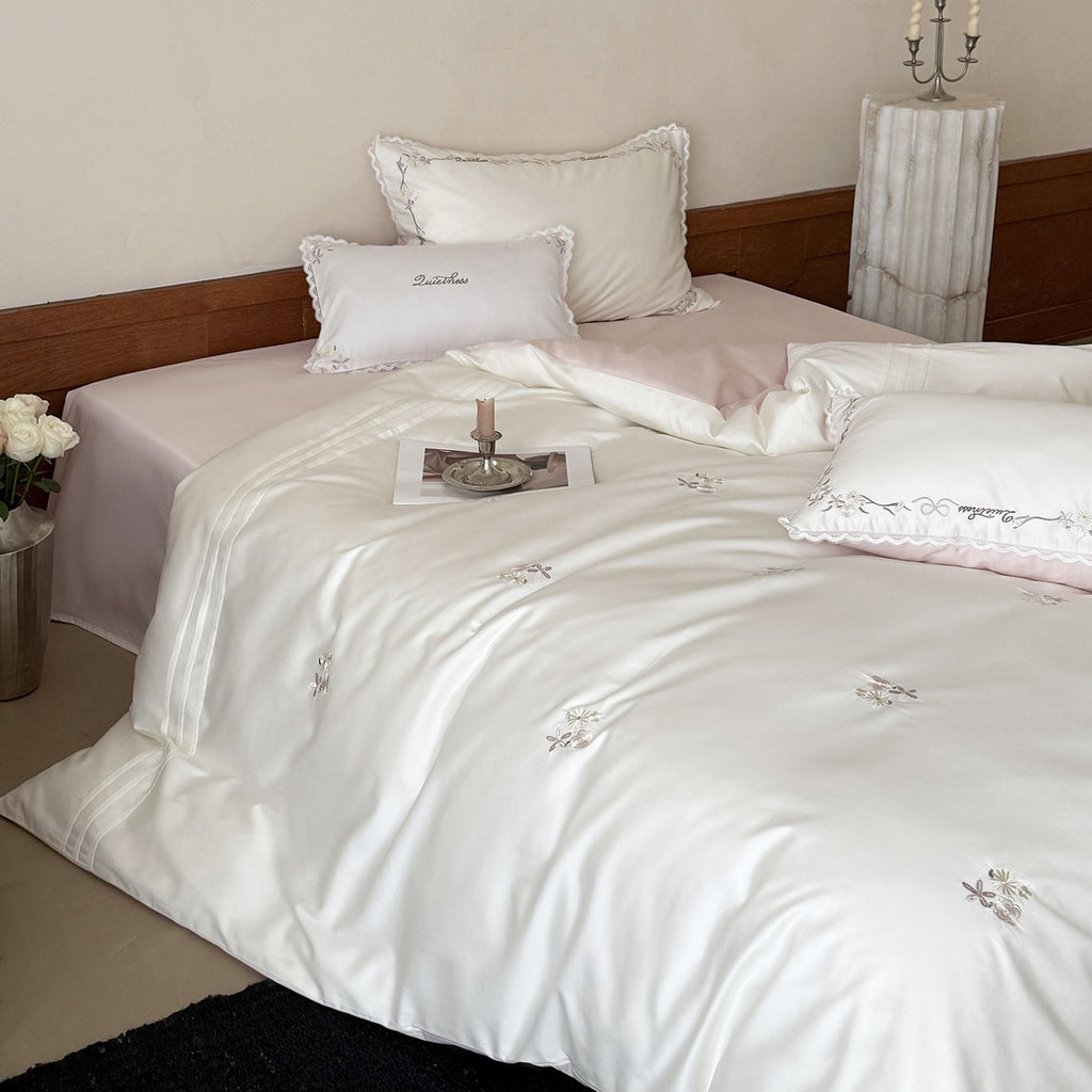 Floral Embroidery Cotton Bed Linen Set with Duvet Cover and Pillowcases