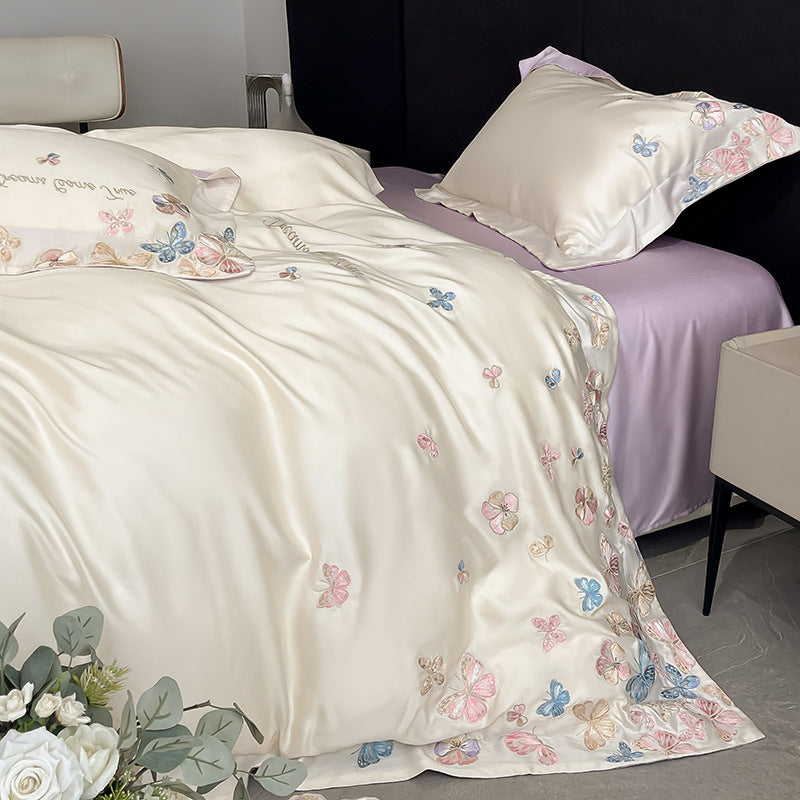 Tencel Embroidered Floral Bedding Set with Duvet Cover and Pillowcase