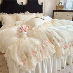 Washed Cotton Ruffle Bedding Set with Duvet Cover Sheet and Pillowcases