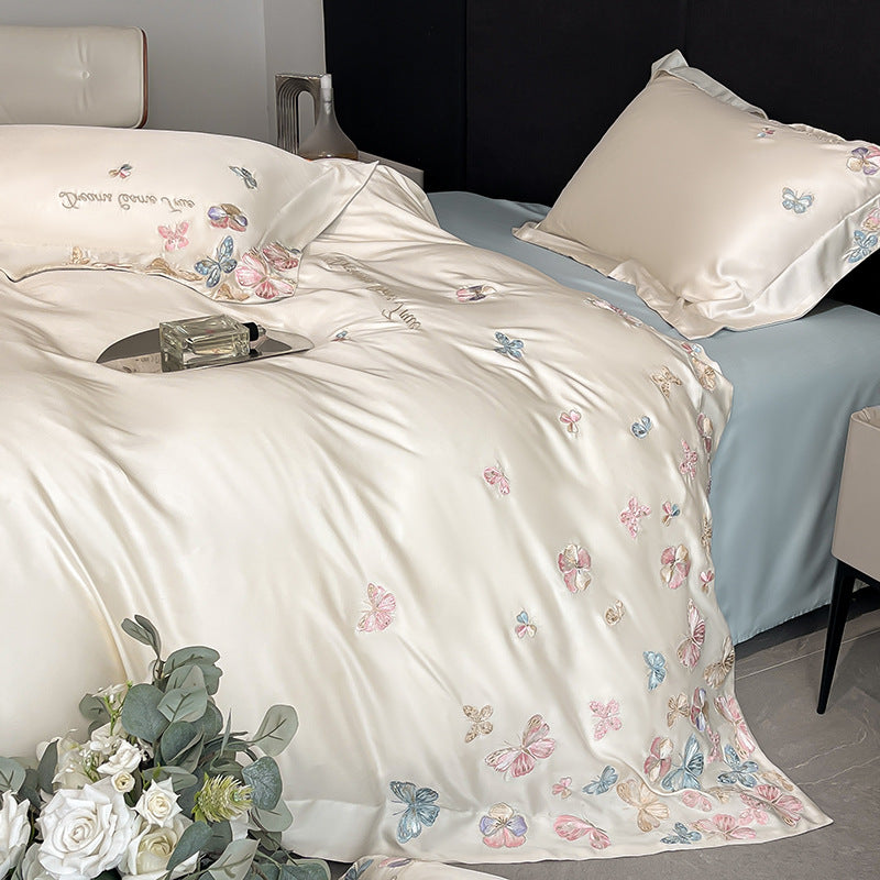 Tencel Embroidered Floral Bedding Set with Duvet Cover and Pillowcase