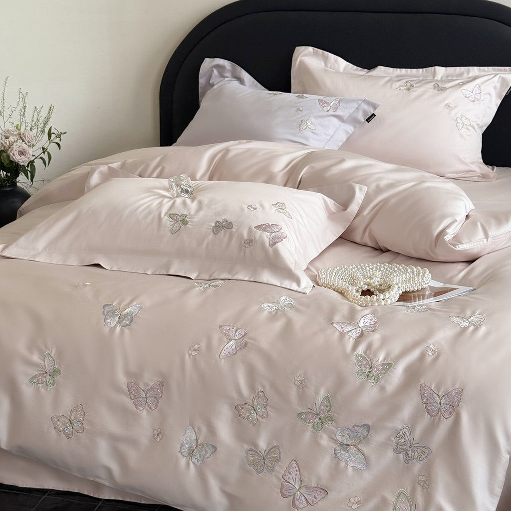 Long Staple Cotton Butterfly Embroidery Bedding Set with Duvet Cover Sheet and Pillowcases