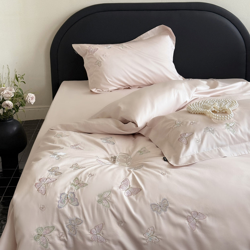 Long Staple Cotton Butterfly Embroidery Bedding Set with Duvet Cover Sheet and Pillowcases