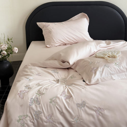 Long Staple Cotton Butterfly Embroidery Bedding Set with Duvet Cover Sheet and Pillowcases
