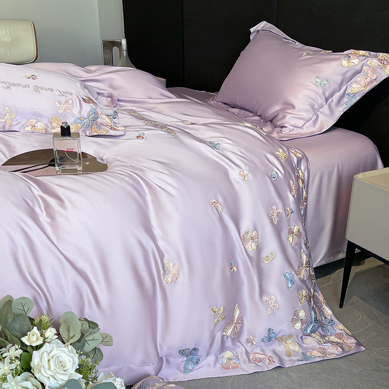 Tencel Embroidered Floral Bedding Set with Duvet Cover and Pillowcase