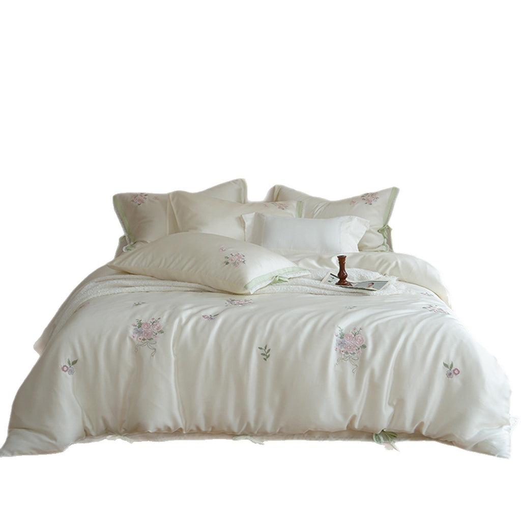 Tencel Botanical Embroidery Bedding Set with Duvet Cover Sheet and Pillowcases