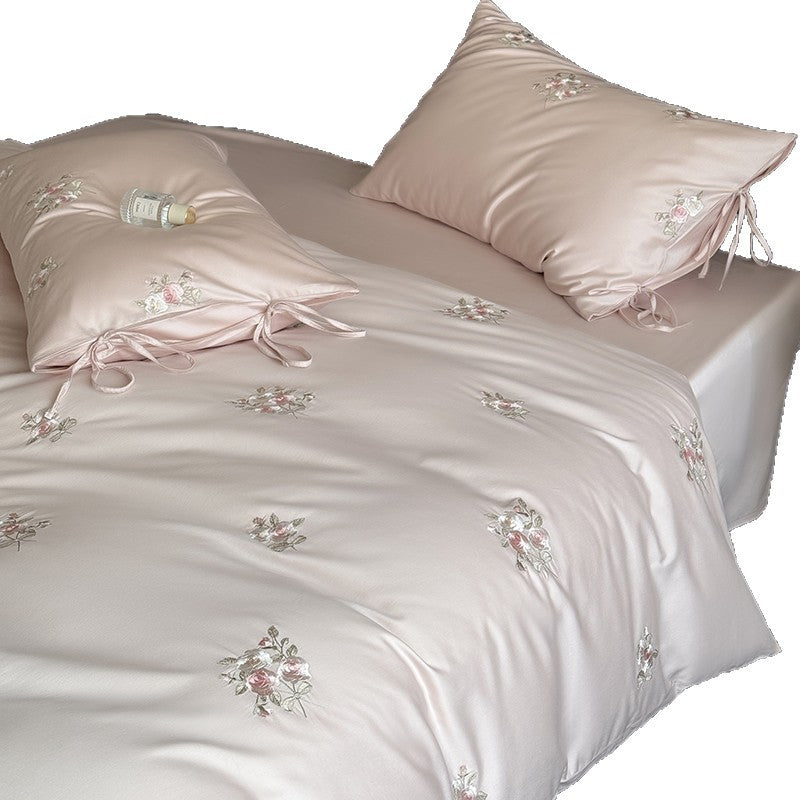 Floral Embroidery Cotton Bed Linen Set with Duvet Cover and Pillowcases