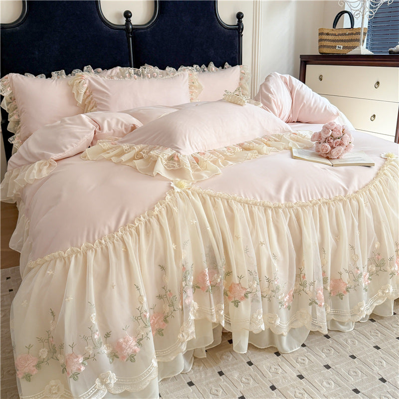 Washed Cotton Ruffle Bedding Set with Duvet Cover Sheet and Pillowcases