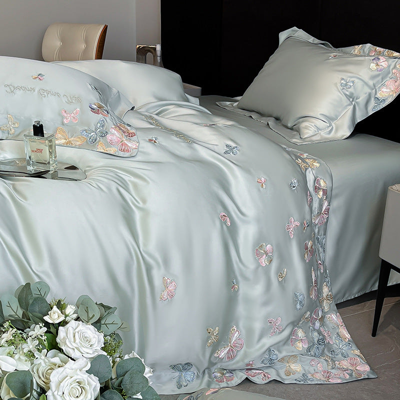 Tencel Embroidered Floral Bedding Set with Duvet Cover and Pillowcase