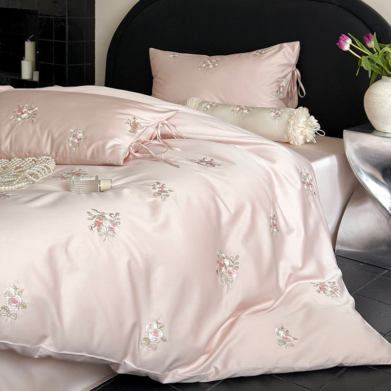 Floral Embroidery Cotton Bed Linen Set with Duvet Cover and Pillowcases