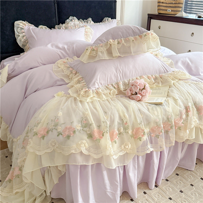Washed Cotton Ruffle Bedding Set with Duvet Cover Sheet and Pillowcases